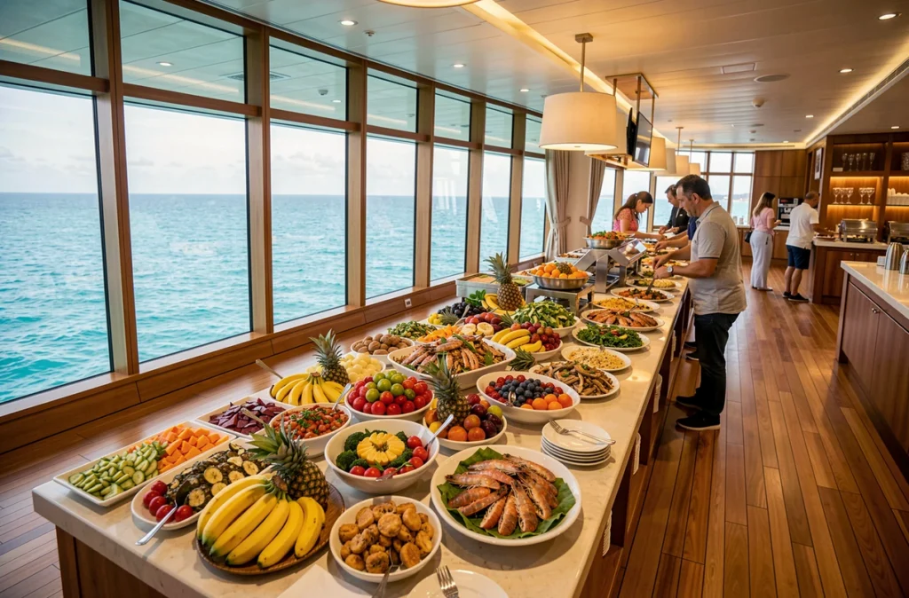 Buffet gastronomique tout compris à bord d'un bateau de croisière avec vue sur la mer des Caraïbes