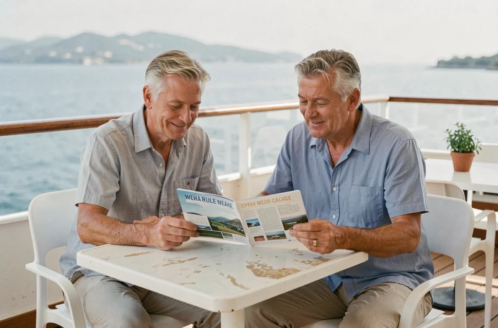Couple consultant une brochure de croisière abordable sur le pont d'un bateau en France