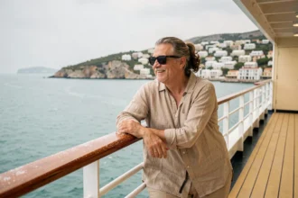 Couple souriant sur le pont d'un bateau de croisière en Méditerranée avec vue sur la côte
