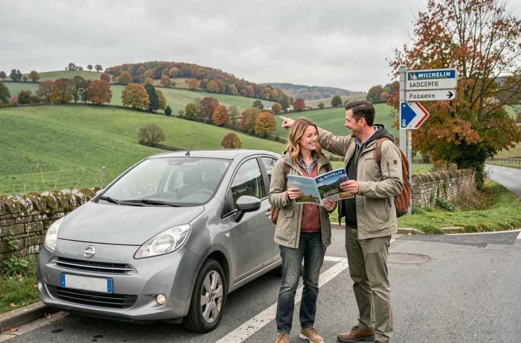 Couple consultant un guide MICHELIN au bord d'une route de campagne lors d'une escapade week-end en voiture