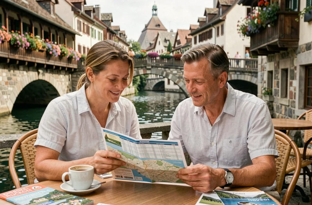 Couple planifiant une croisière sur le lac d'Annecy en consultant un programme touristique au bord du canal