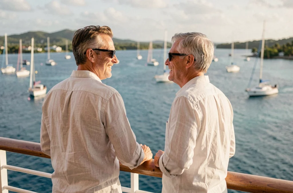 Couple profitant de la vue sur une baie des Caraïbes depuis le pont d'un navire de croisière tout compris