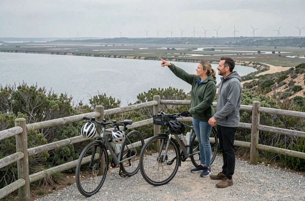Deux cyclistes observant le panorama de l'étang de Mauguio depuis un belvédère de la Pointe du Salaison
