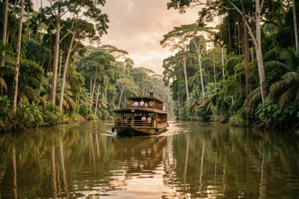 Bateau de croisière naviguant sur le fleuve Amazone entouré de la forêt tropicale dense