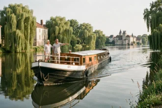 Couple à bord d'une péniche en bois naviguant sur la Charente entourée de rives verdoyantes et de moulins en pierre