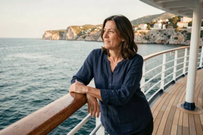 Femme en croisière sur le pont d'un navire avec vue sur la côte méditerranéenne française