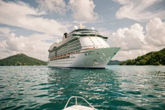 Paquebot de croisière tout compris naviguant dans les eaux turquoise des Caraïbes avec des îles tropicales en arrière-plan