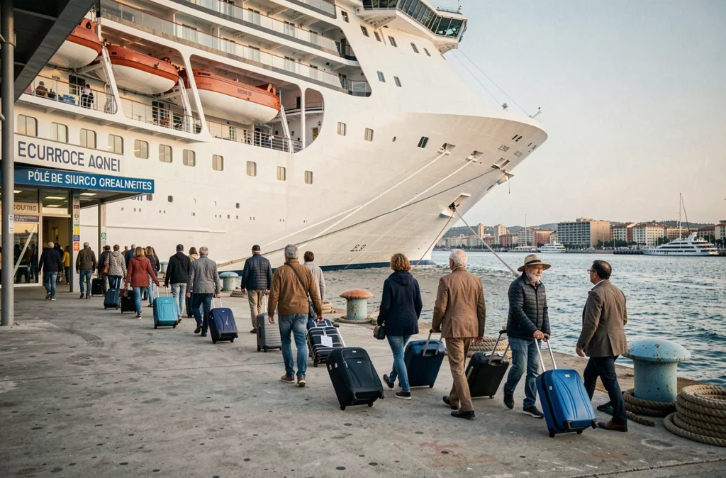 Passagers embarquant sur un bateau de croisière dans un port français comme Marseille
