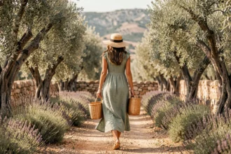 Femme bohème en robe de lin marchant dans un oliveraie des Alpilles près de Saint-Rémy-de-Provence avec un panier en osier