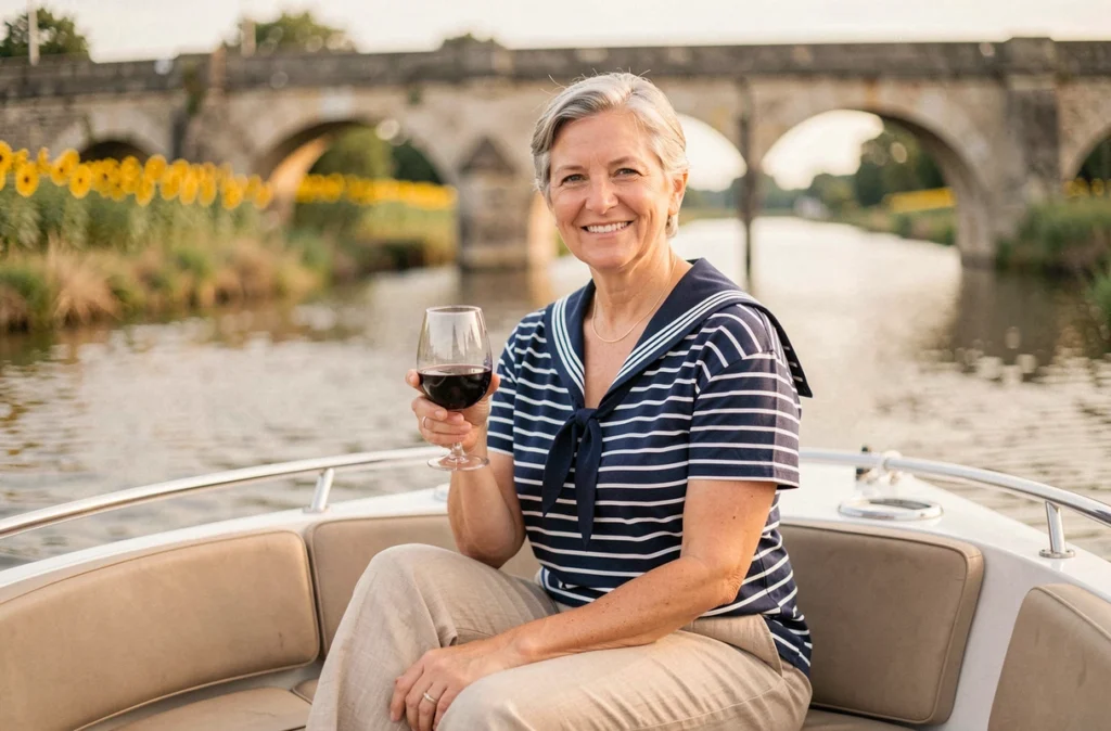 Femme souriante dégustant du Pineau des Charentes à la poupe d'un bateau fluvial avec des ponts en pierre en arrière-plan