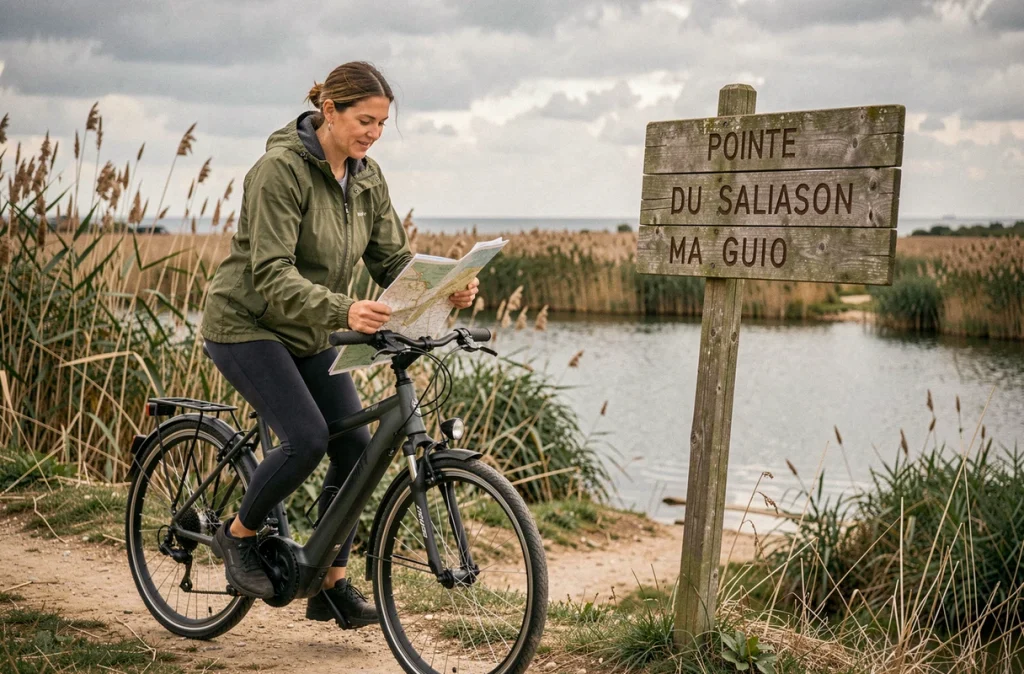 Femme cycliste consultant une carte de randonnée devant un panneau de signalisation sur la Pointe du Salaison
