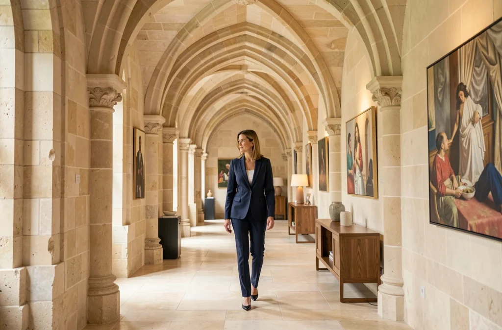 Couloir voûté en pierre de l'abbaye royale de Fontevraud aménagé en hôtel de luxe avec mobilier contemporain