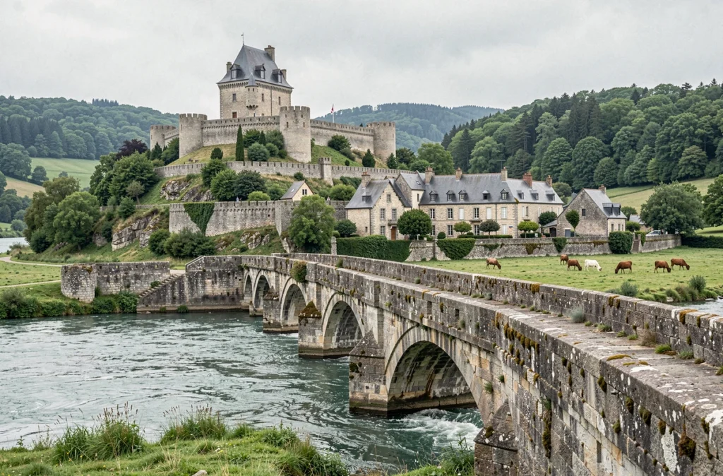 Le château normand et les remparts de Fresnay-sur-Sarthe au-dessus de la rivière avec le pont médiéval en pierre au premier plan et les collines des Alpes Mancelles en arrière-plan