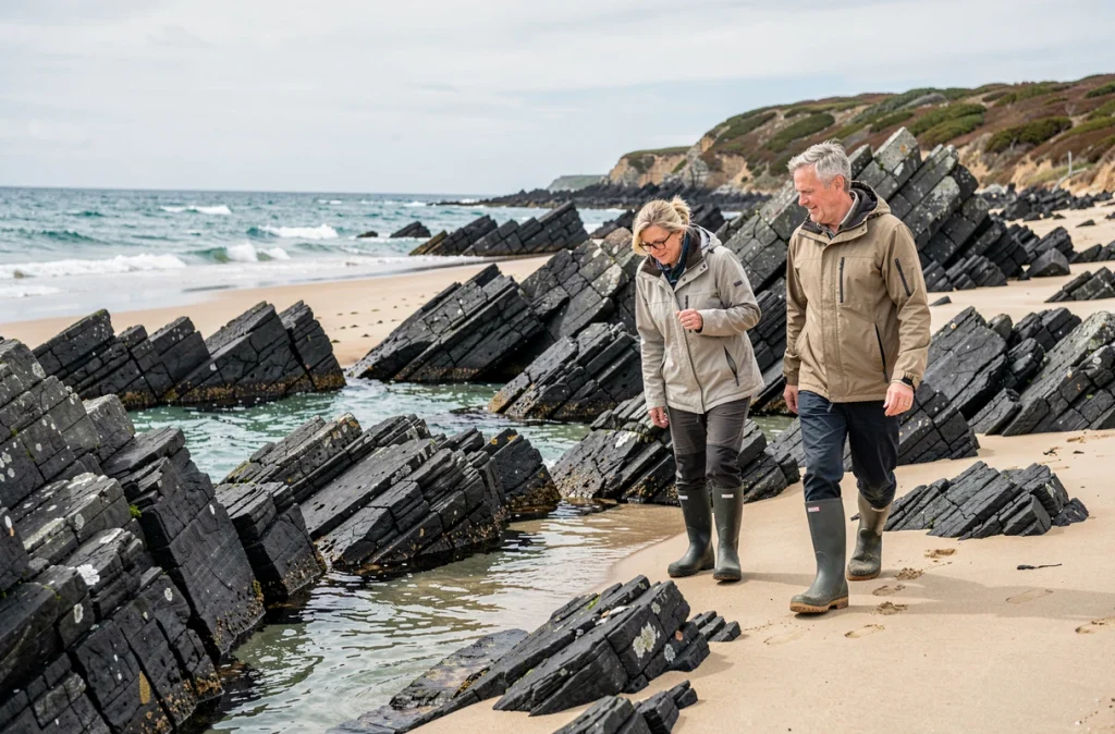 La Grande Conche à l'Île-d'Yeu avec ses rochers de schiste et ses piscines naturelles à marée basse