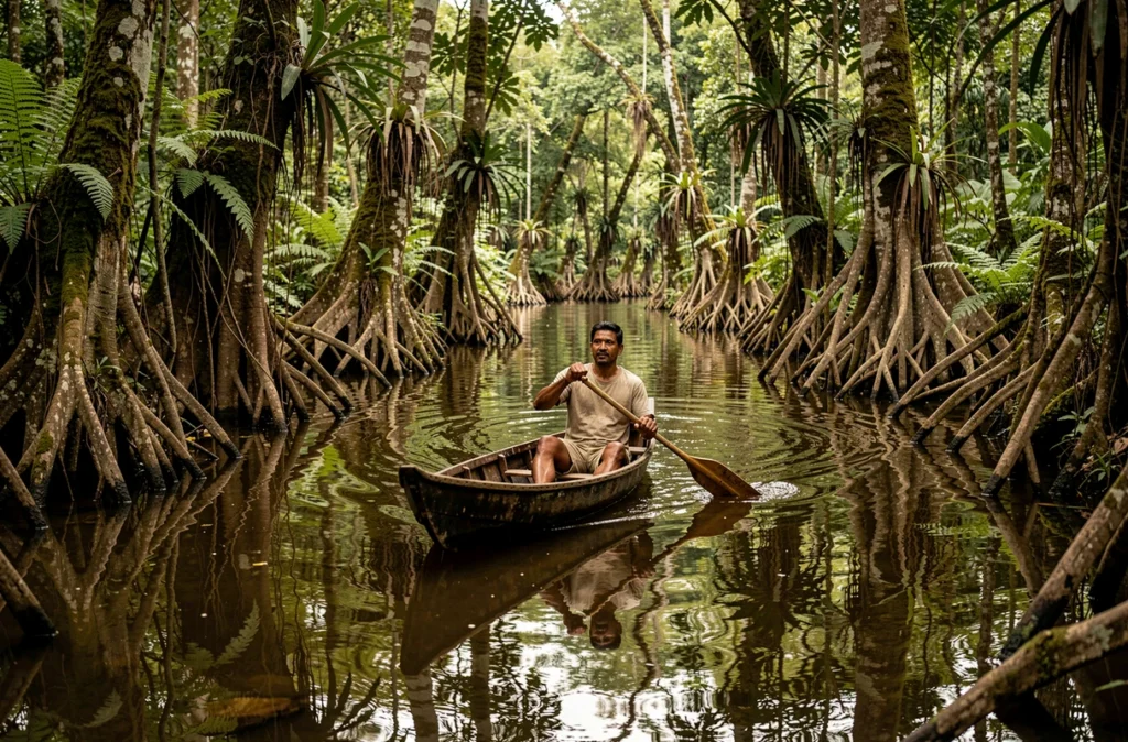 Guide local en pirogue explorant un canal de la forêt inondée en Amazonie