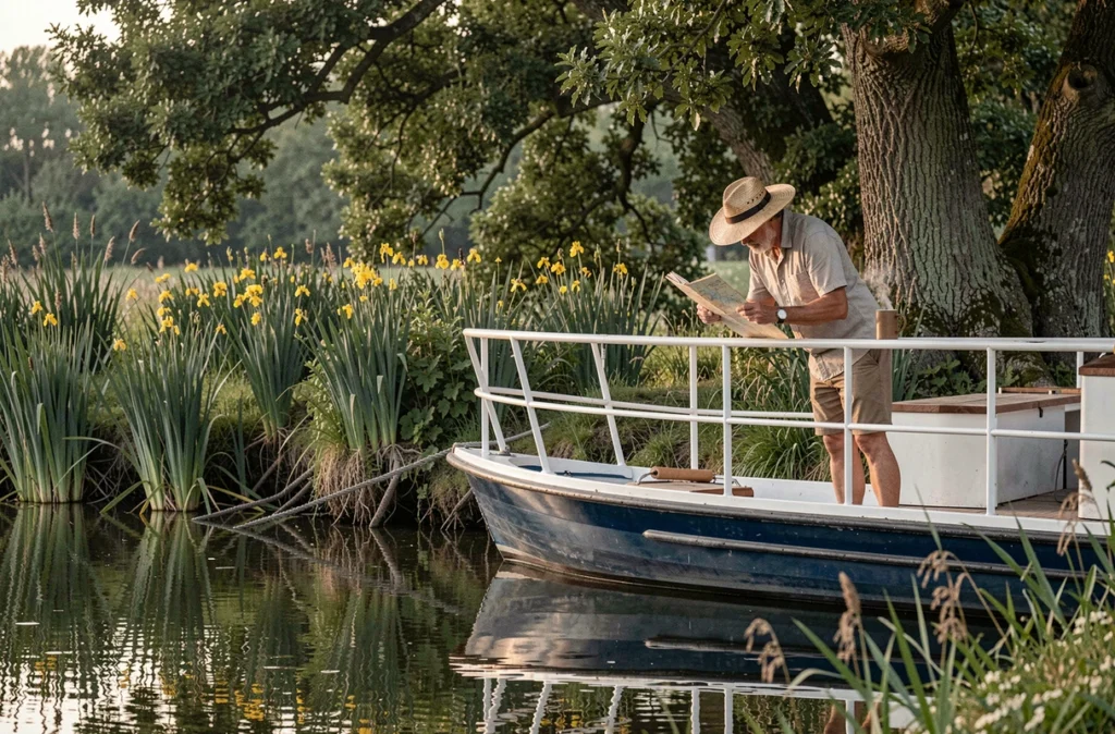 Homme consultant une carte depuis le pont d'un bateau de croisière fluviale amarré dans la végétation sauvage de la Charente près de Saintes