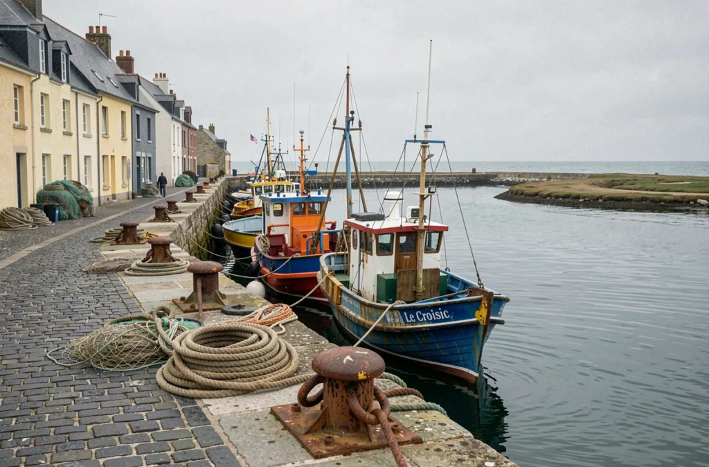 Le port du Croisic en Loire-Atlantique avec ses bateaux de pêche colorés amarrés sur le quai en granite face à l'Atlantique
