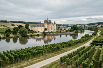 Vue panoramique d'un paysage de Maine-et-Loire avec château en pierre, vignobles et rivière calme