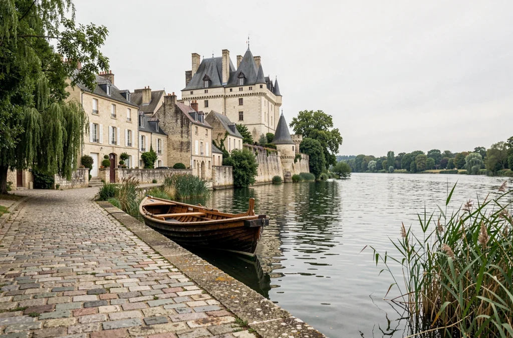 Le château de Montsoreau et ses maisons en tuffeau vus depuis les bords de Loire avec un bateau traditionnel amarré au quai