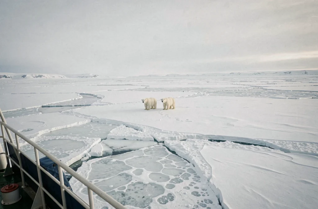 Deux ours polaires observés depuis un navire de croisière Ponant sur la banquise arctique