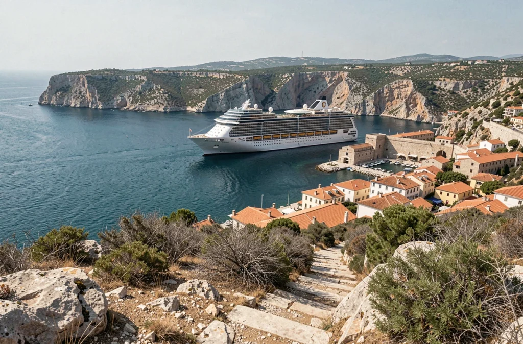 Paquebot de croisière ancré dans un port méditerranéen entouré de falaises et de maisons colorées