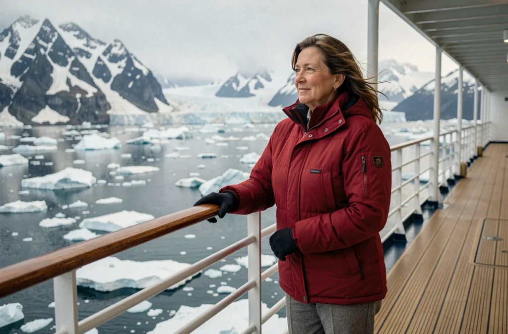 Passagère en veste rouge admirant un fjord arctique depuis le pont d'un navire de croisière Ponant