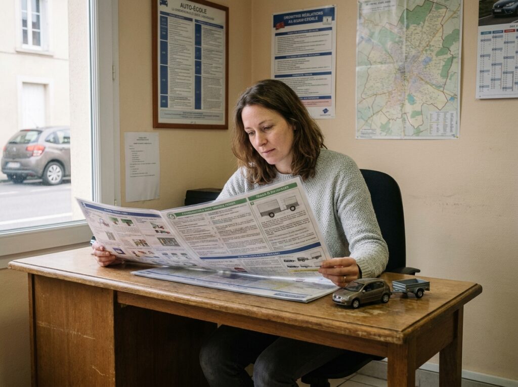 Femme consultant un tableau des permis de conduire pour remorque dans une auto-école française