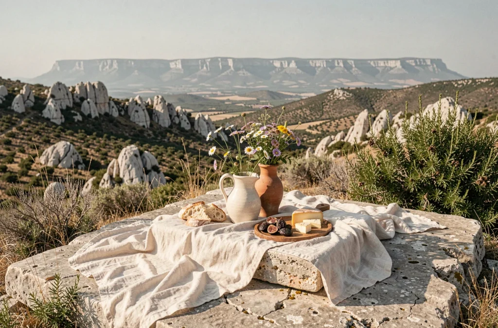 Pique-nique bohème sur un rocher calcaire dans les Alpilles avec vaisselle en céramique artisanale et fleurs sauvages