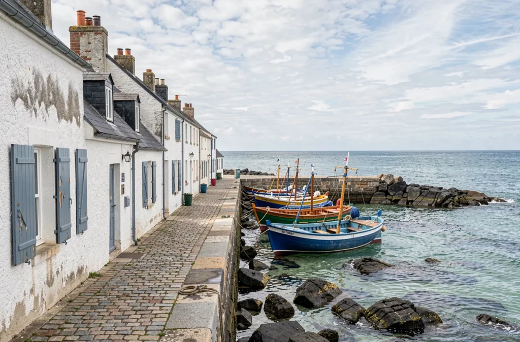 Les maisons de pêcheurs blanches et les bateaux colorés du port de Piriac-sur-Mer en Loire-Atlantique avec la mer en arrière-plan
