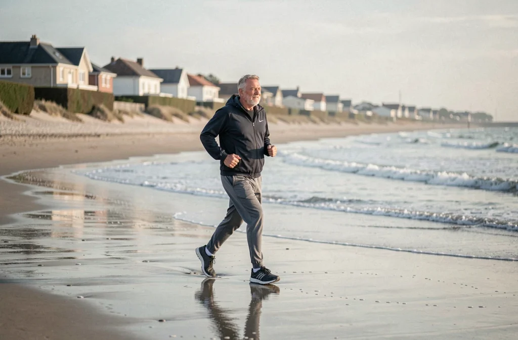 La plage de l'Aubraie aux Sables-d'Olonne au petit matin avec un joggeur sur le sable mouillé
