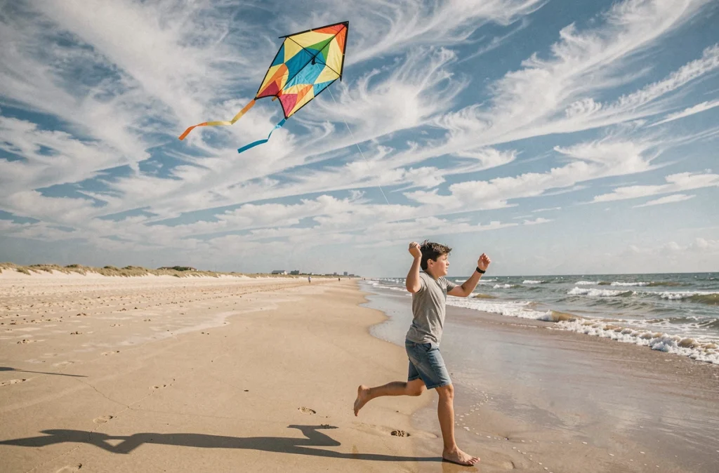 La plage de la Terrière à La Tranche-sur-Mer avec un adolescent faisant voler un cerf-volant coloré