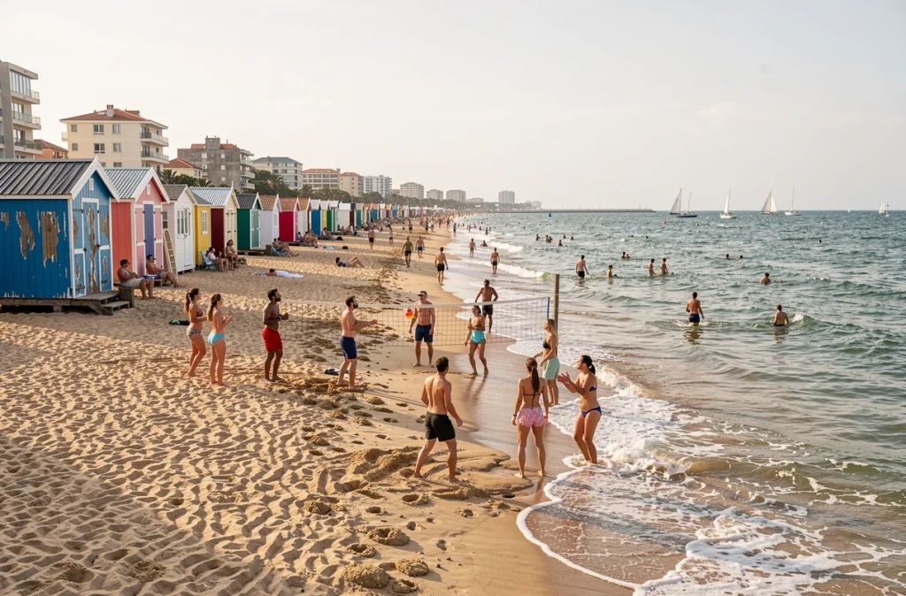La plage de Sauveterre aux Sables-d'Olonne avec sa promenade et ses cabines colorées