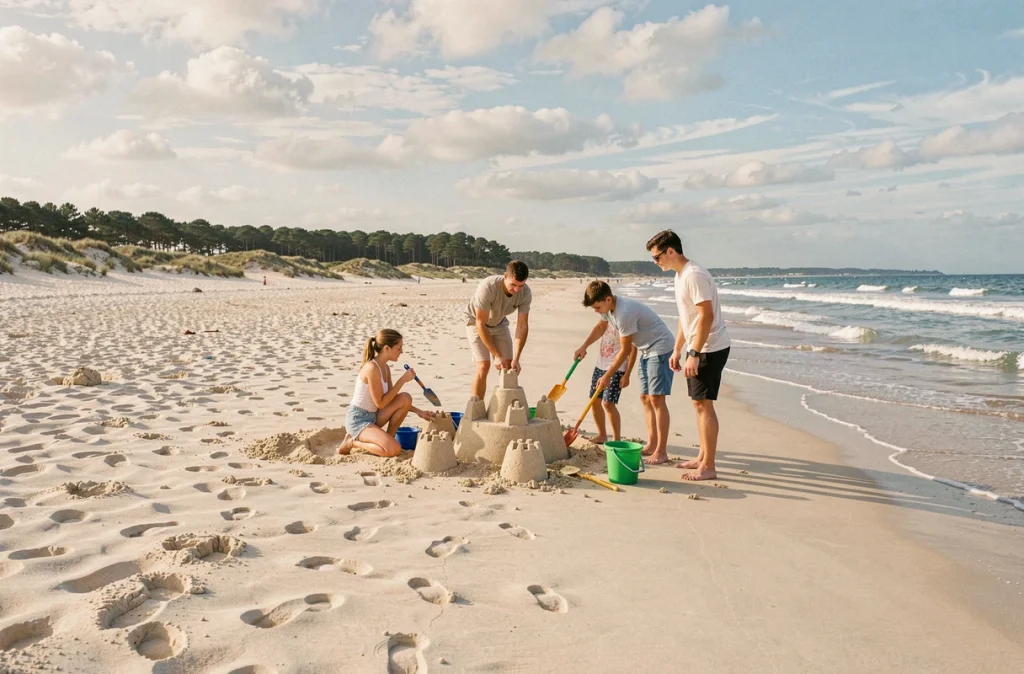 La vaste plage de Saint-Jean-de-Monts en Vendée avec une famille au bord de l'eau