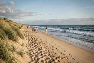 Vue panoramique d'une plage atlantique des Pays de la Loire avec sable doré et vagues douces