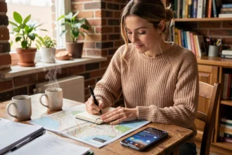 Femme planifiant une escapade week-end avec carte routière, journal de voyage et café sur une table en bois