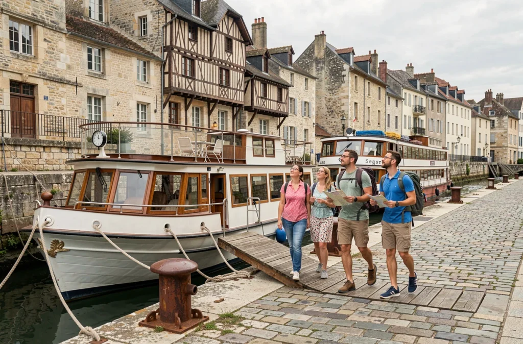 Touristes débarquant d'une péniche sur le quai historique en pierre de Cognac au bord de la Charente