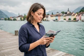 Femme consultant une brochure de croisière sur le lac d'Annecy depuis un ponton en bois