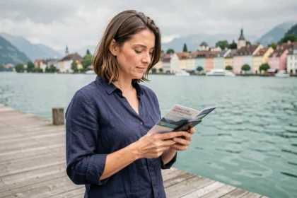 Femme consultant une brochure de croisière sur le lac d'Annecy depuis un ponton en bois