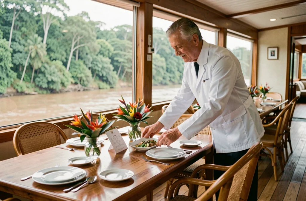 Salle à manger élégante d'un bateau de croisière sur l'Amazone avec vue sur la jungle