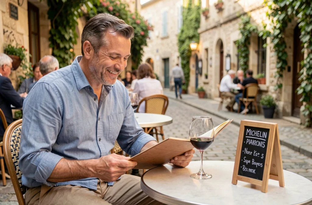 Homme consultant le menu d'un restaurant recommandé par le guide MICHELIN sur une terrasse de village français