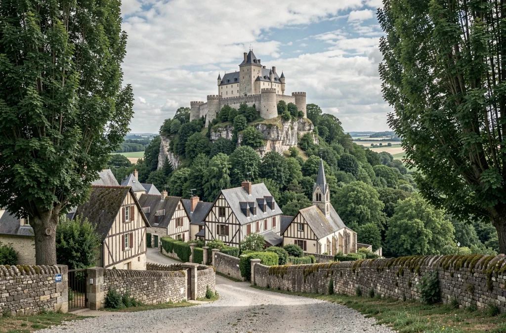 Le château médiéval de Sainte-Suzanne perché sur son éperon rocheux en Mayenne avec ses remparts et maisons à colombages au premier plan