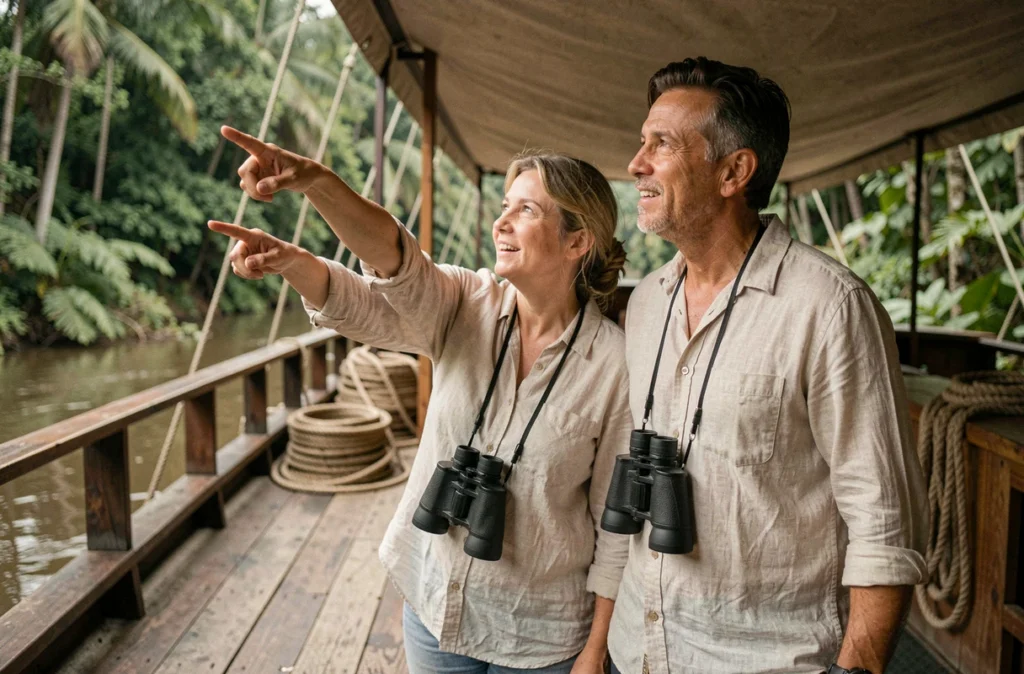 Couple de touristes observant la faune amazonienne depuis le pont d'un bateau de croisière