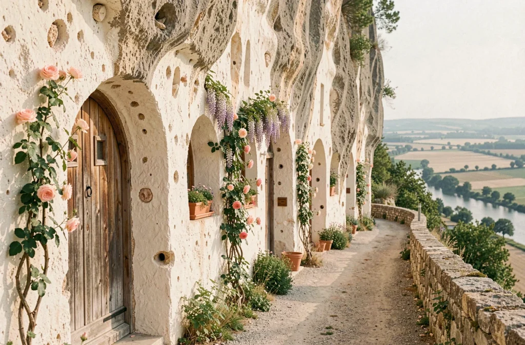 Les habitations troglodytiques de Turquant creusées dans la falaise de tuffeau blanc avec leurs portes en bois et leurs jardins fleuris en bord de Loire