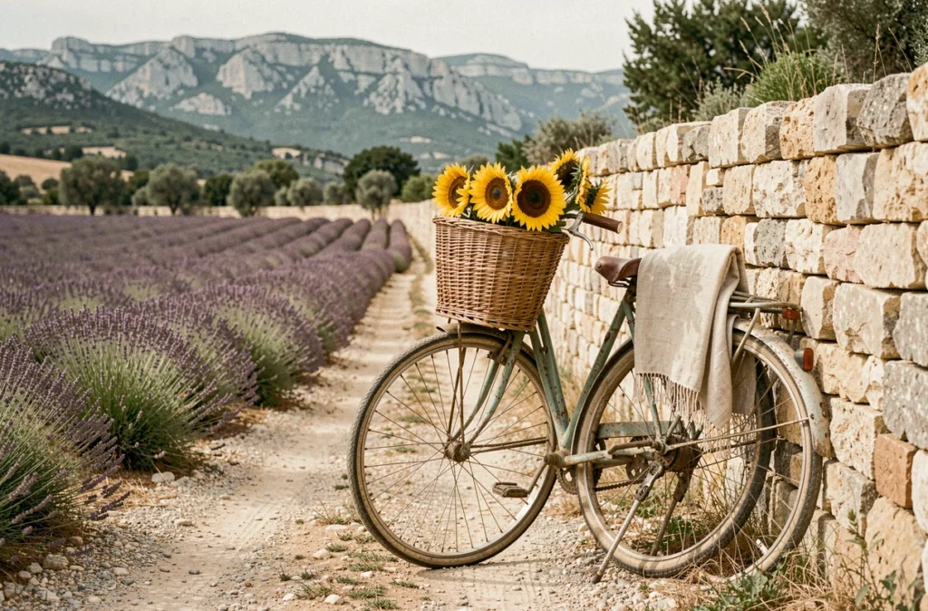 Vélo vintage avec panier de tournesols appuyé contre un mur en pierre sèche bordant un chemin dans les Alpilles en Provence