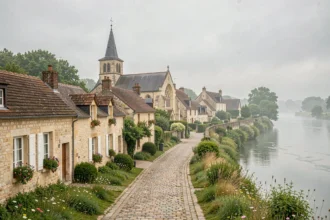 Vue panoramique d'un village typique des Pays de la Loire avec maisons en pierre de tuffeau, clocher roman et rives de Loire verdoyantes