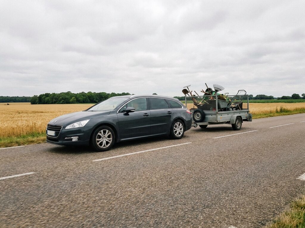 Voiture familiale tractant une remorque utilitaire sur une route de campagne française