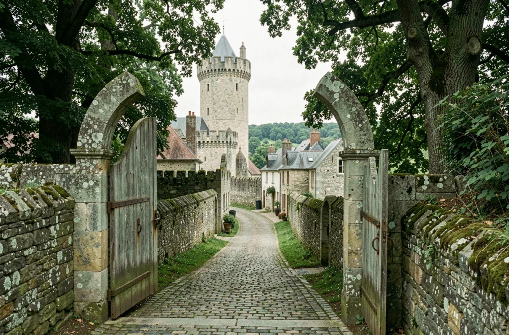 La tour Mélusine et les remparts médiévaux de Vouvant en Vendée vus depuis le porche d'entrée de la cité fortifiée
