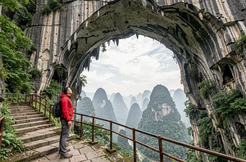 Randonneur contemplant l'arche naturelle de la grotte de Tianmen depuis le sentier en bois accroché à la falaise de Zhangjiajie