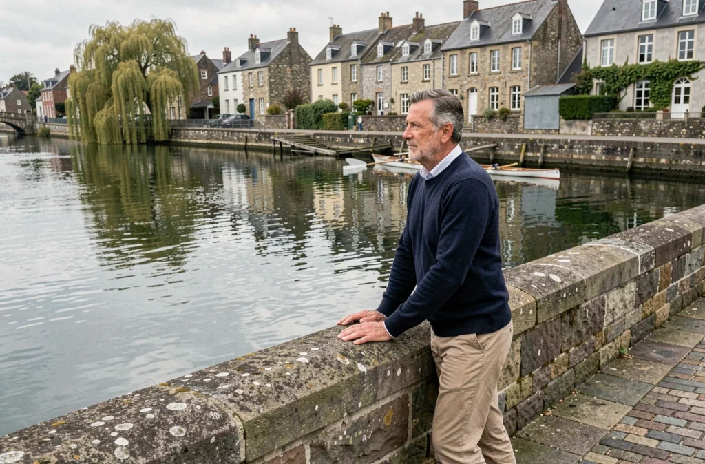 Homme appuyé sur un pont de pierre contemplant les bords calmes de l'Odet à Quimper