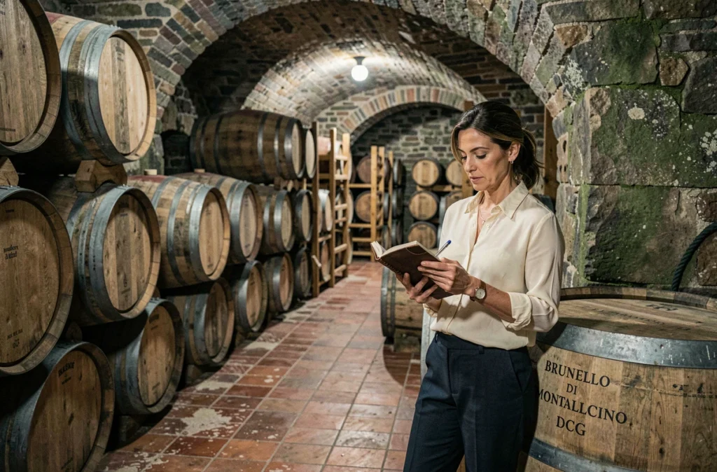 Sommelière prenant des notes dans une cave viticole toscane avec des fûts de Brunello di Montalcino